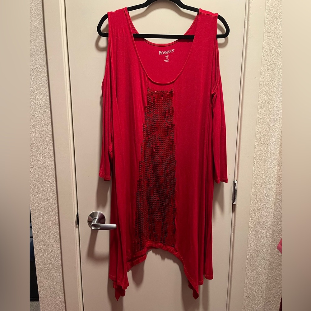 Roaman's Red Tunic Top with Cold Shoulder Vibrant Style